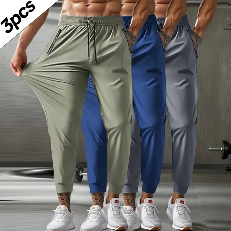 Men's 3PCS Fitted Athleisure Joggers - Elastic Waist with Drawstring, Zipper Pockets, Breathable High-Elastic Fabric, 9-Point Length, Active Performance Pants for Outdoor Running, Gym