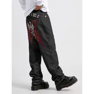 GGOR Men's Vintage-Inspired Straight-Leg Jeans with Embroidered Eagle Design - Hip Hop Street Style, Non-Stretch Denim in Black, Machine Washable, Allseason Jeans | Bold Graphic Pants | Rugged Streetwear
