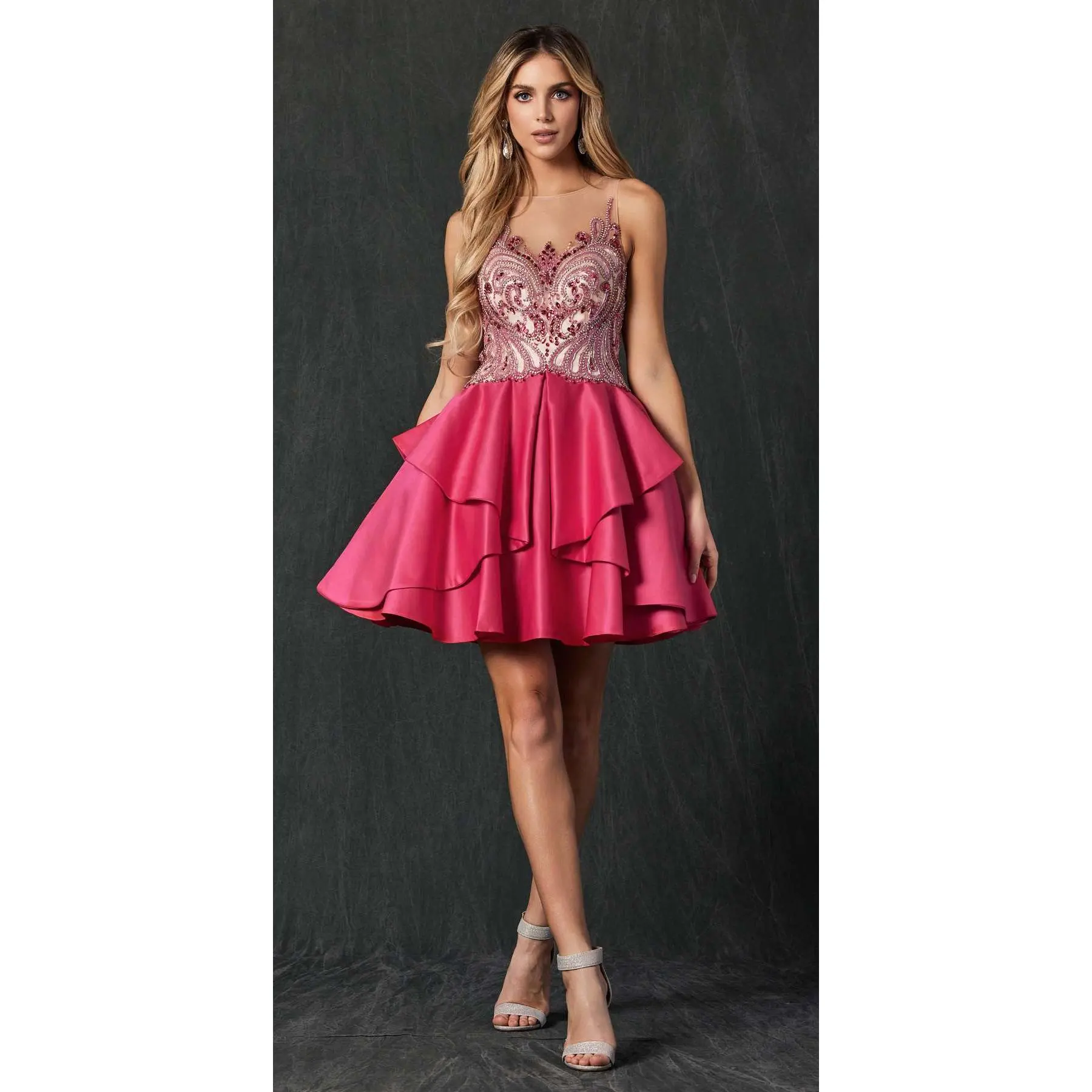 Juliet 760 Women's Short Satin Prom Dress with Beaded Sweetheart Illusion Bodice, Layered Skirt & Back Zipper Closure, Bridal