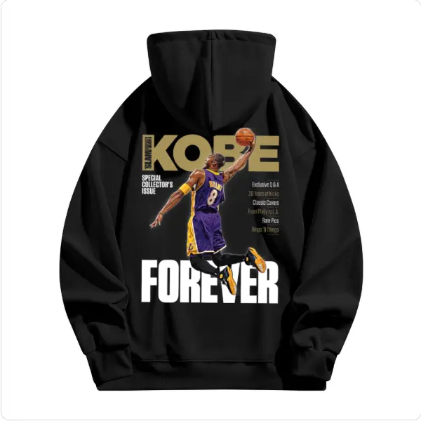 Men's Kobe Bryant Commemorative Hoodie Tops - Trendy Basketball Style, Classic Dunk Scene, "FOREVER" Lettering, Loose Fit Casual Streetwear Sweatshirt, Basketball Fan Wardrobe Gem, Soft Fabric, Pairable with Joggers, Wrap Design, Vibe, Stretchy, Breathabl