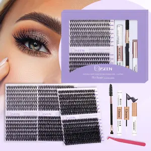 ISEEN Eyelash cluster set long roll eyelash cluster set eyelash D curl DIY eyelash extension is suitable for beginners to choose a variety of lengths. Personal eyelash kit with Bond&Seal&Remove&Eyelash Tweezers&brush
