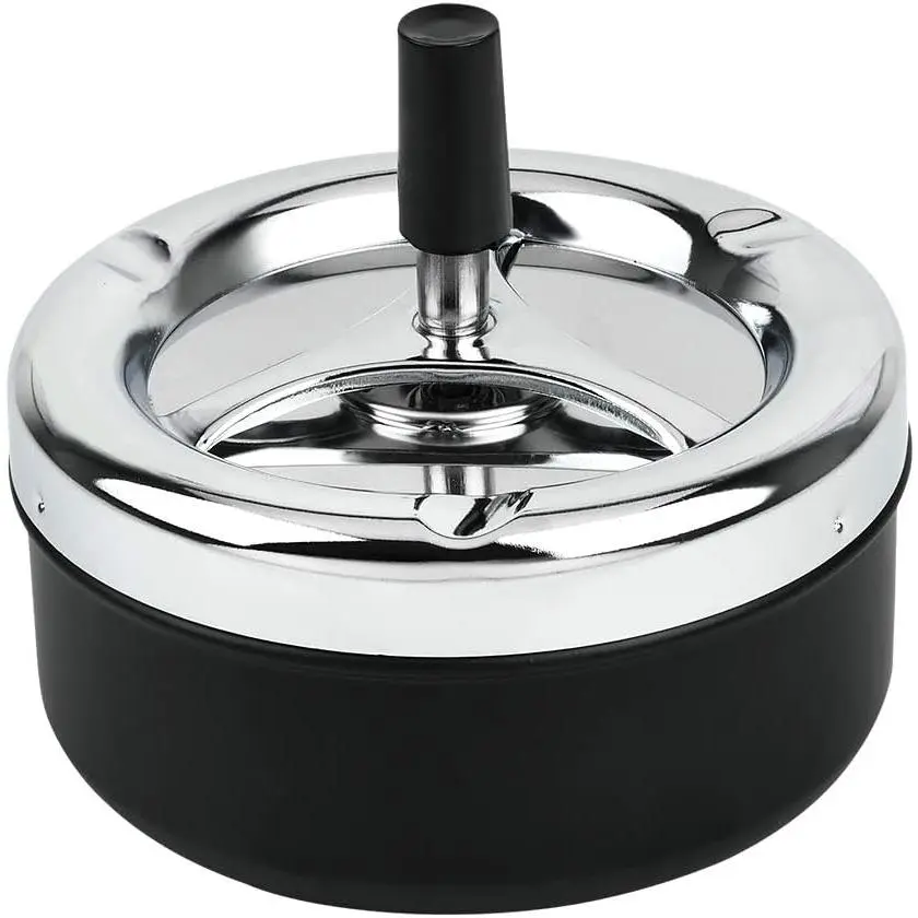 Black Metal Round Push-Down Ashtray with Spinning Tray, 52in Large Decorative Ashtray for Home, Outdoor Patio