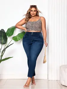 Women's Plus Size High Stretch Crop Nine-Inch Fashion Casual Blue Washed Denim Jeans, Pocket Design Y2K Style, All-Season Versatile Pants