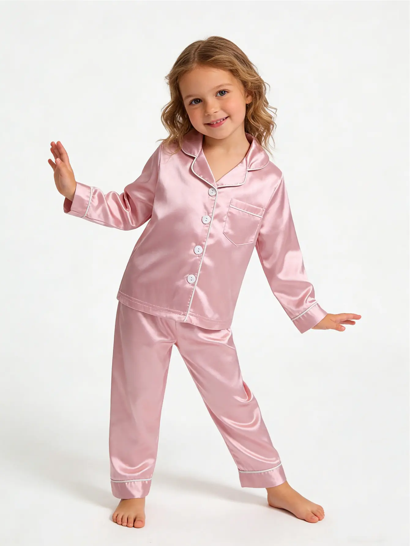 Kaka Here Toddler Girls' 2-Piece Premium Soft Pajama Set, Solid Polyester Long-Sleeve Top with Lapel Collar and Pockets, Premium Soft Sleepwear, 3–4 Years, All Seasons, Pocket Detail, Plain, Single Breasted, None