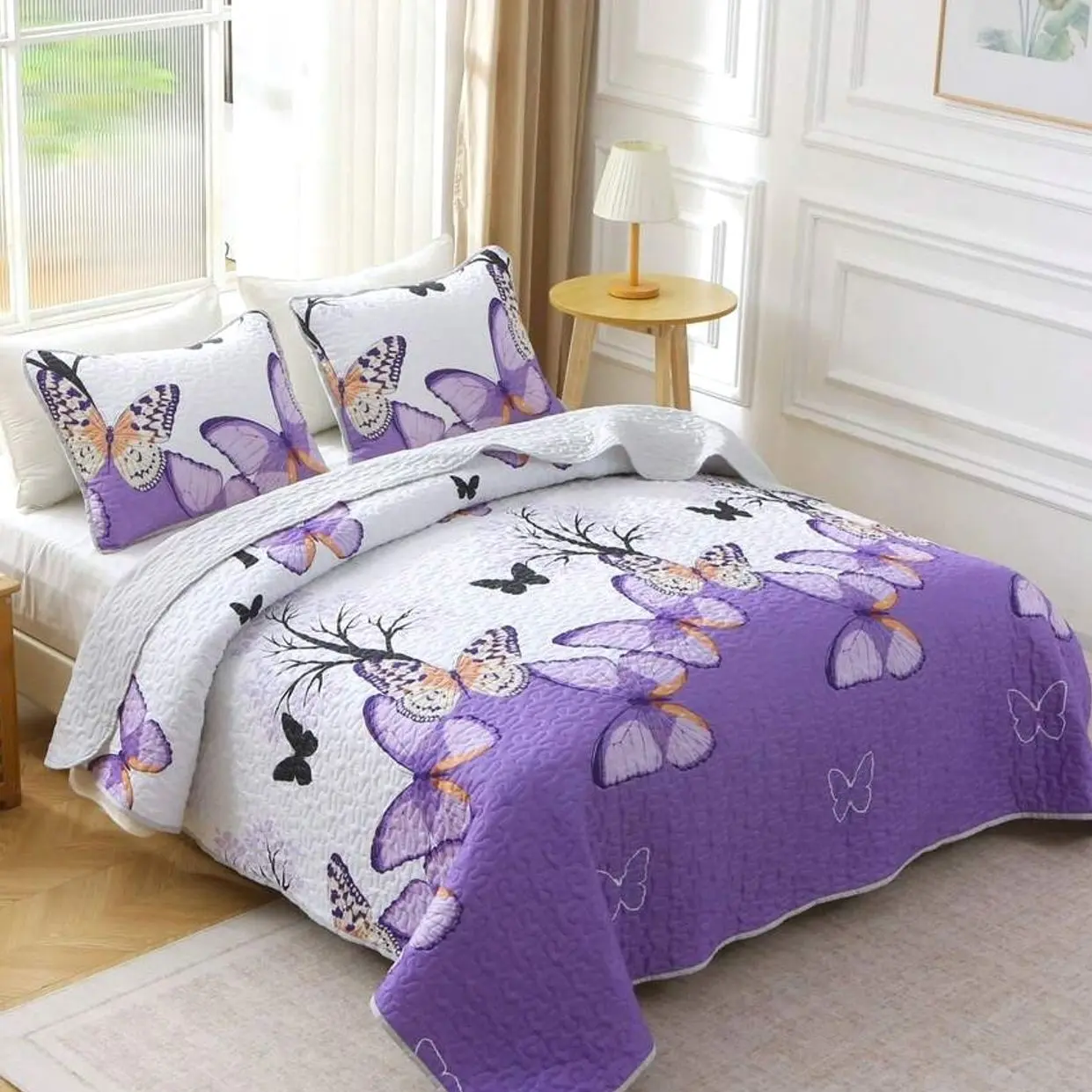 3PCS Butterfly Quilted Bedspread Set, Soft Microfiber Coverlet, Reversible Quilt Bedding with 2 Pillowcases, Lightweight All Season Decor