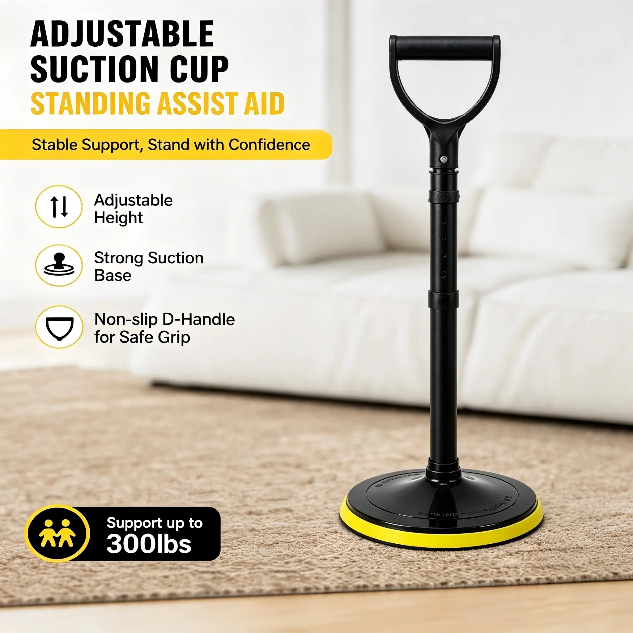 2-in-1 Medical Standing Helper Walking Cane, Height-Adjustable 27.2-35 in Mobility Aid, Stable Dual Base, Ergonomic D-Type Soft Grip, Portable Indoor-Outdoor Stand Assist Tool