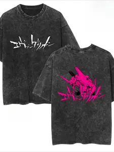 Fashionable Washed T-shirt with Anime and Casual Summer Style Around 'New Century Evangelion', Suitable for Both Men and Women Wearing Short Sleeved Tops