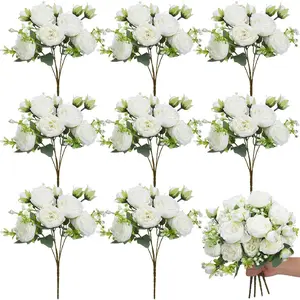 Artificial peony bouquet with stems, white plastic flowers, suitable for wedding centerpiece decorations, Valentine's Day, Mother's Day, Christmas table decorations. Realistic fake peonies, suitable for all seasons, Home Decoration Bouquet