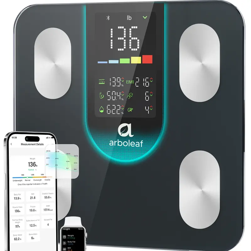 Arboleaf Bathroom Smart Scales with 4-Electrode BIA for Accurate Weight & Fat Measurement 7-in-1 Display BMI Body Fat Muscle Mass 14 Metrics App Trend Tracking Max 400lb Healthcare