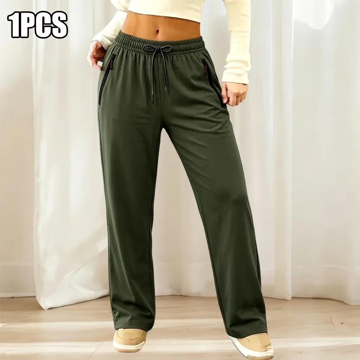 Women’s Mid-Waist Polyester Athletic Pants - Spring/Summer Lightweight Stretchy Pocketed Joggers with Cuff Details, Plain Look Casual Sportswear for Running, Yoga