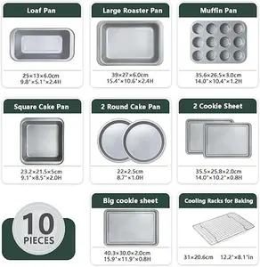 Baking Pans Set 10 Pcs, Nonstick Professional Kitchen Bakeware Sets with Cookie Sheets, Muffin Pan, Bread Pan, Loaf Pan, Cake Pan and Cooling Rack, 0.8mm Thick/Dishwasher Safe/Heavy Duty