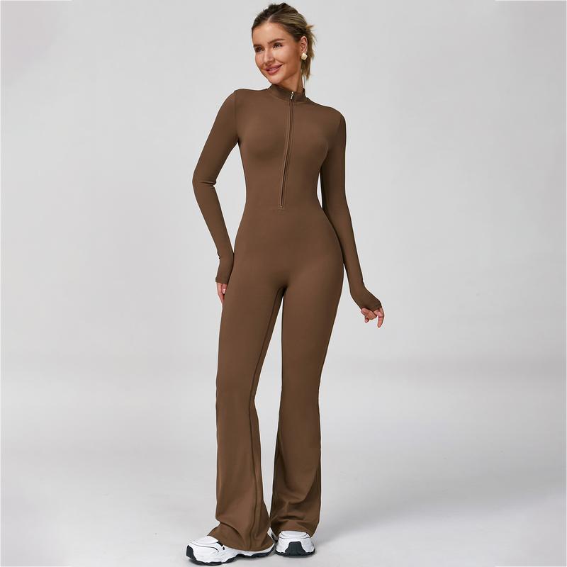 Women's Long Sleeve Flared Sports Jumpsuit - Zipper Jumpsuit, Wide Leg Bodysuit, Sexy One-Piece Yoga Jumpsuit, Fitness Activewear for the Gym, Pilates, Casual or Street Wear, Tennis Skirt with Shorts and Tie-Front Activewear sporty yoga set