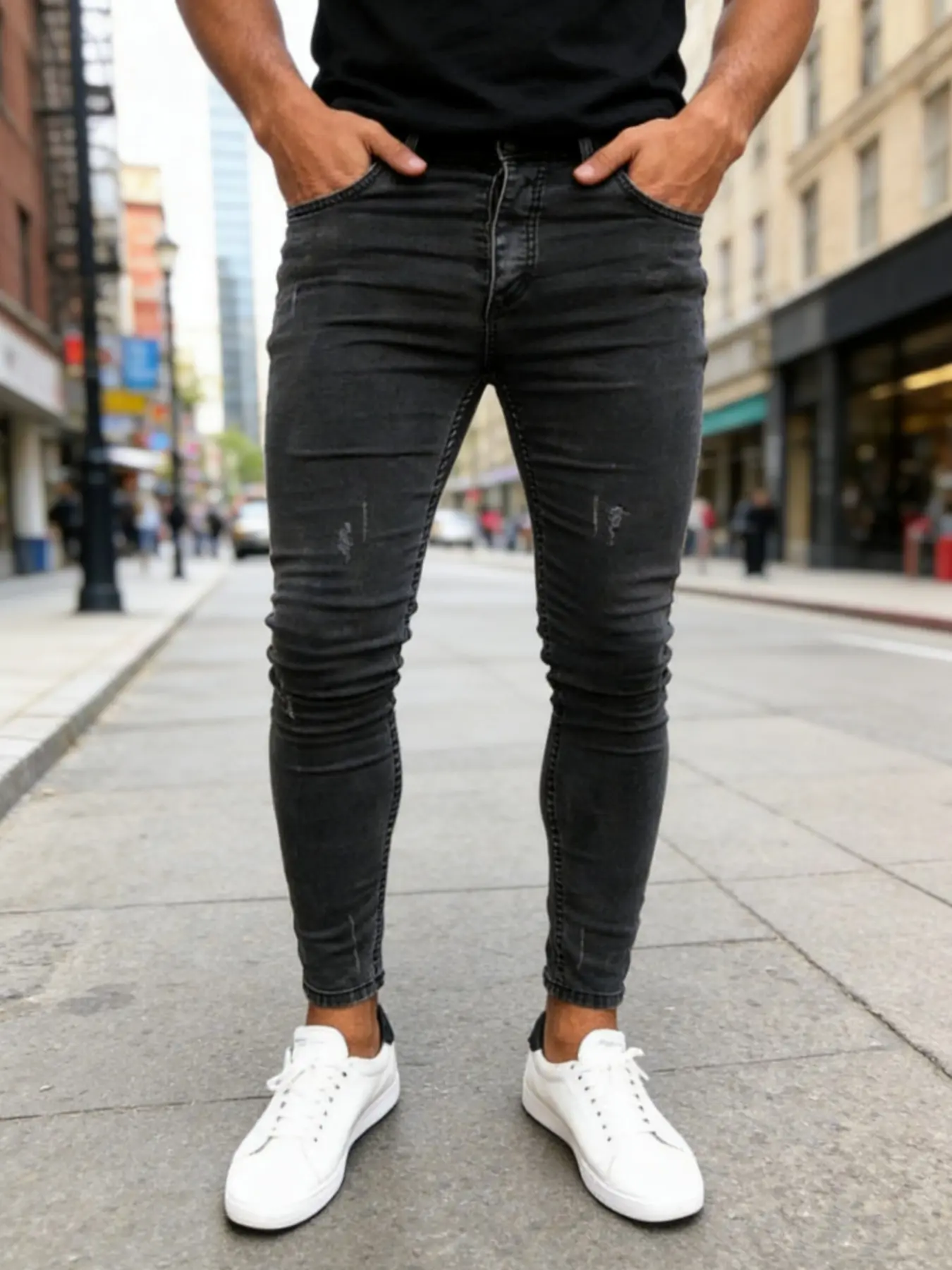 Men's Korean Style Slim Fit Stretchy Jeans, Casual Elastic Ripped Denim Jeans, Trendy Streetwear Motorcycle Skinny Trousers for All Seasons