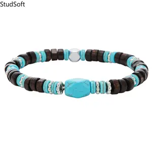 2026 New Turquoise & Wooden Bead Bracelet, Boho Heishi Bead Stretch Bracelet, Natural Stone Western Jewelry for Men & Women