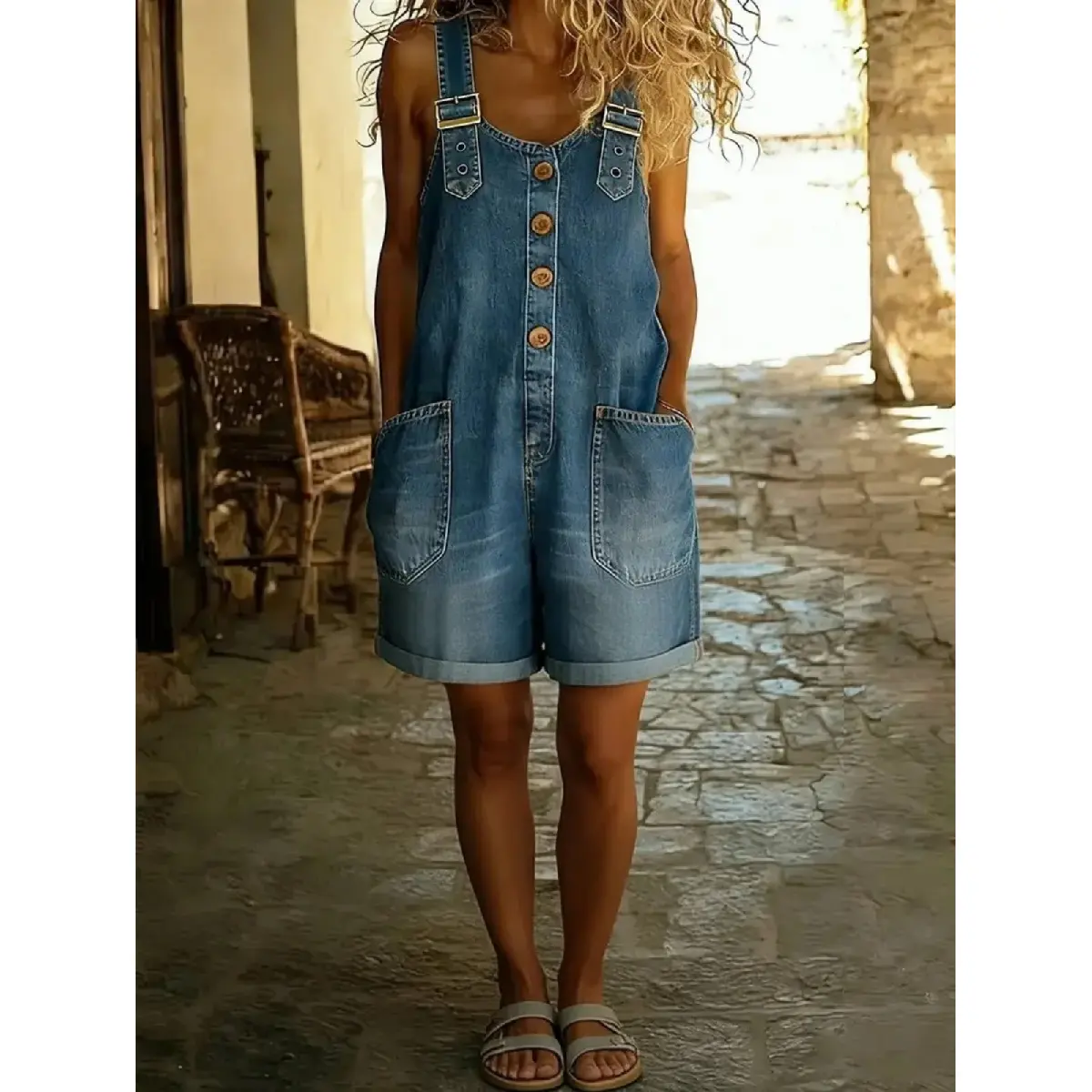 Women's Vintage Denim Bib Overalls, Sleeveless Loose-Fit Jumpsuit with Adjustable Straps, High Waist, and Multiple Pockets, Strappy, Vintage Retro, Multi-Pockets