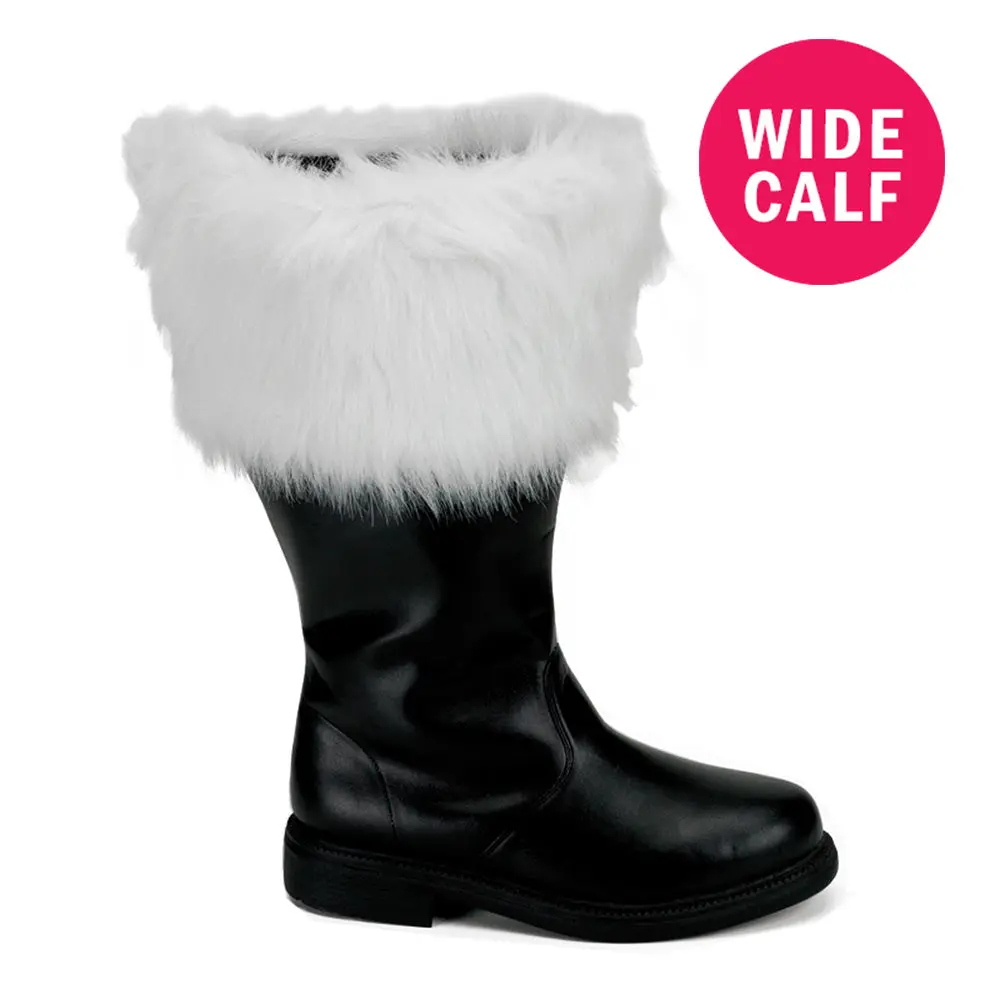 Men's Wide Calf Santa Boots - Black Synthetic PU Leather Footwear, Faux Fur Cuff, Warm Winter Holiday Costume Shoes, S (Mns 8-9), L (Mns 12-13)