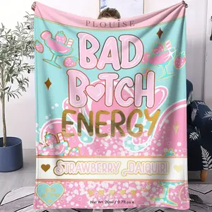 Pink & Turquoise Strawberry Daiquiri Print Flannel Blanket, Playful "Bad Bitch Energy" Slogan Collage Throw Blanket, Cozy Soft Warm Blanket for Bed & Couch, Fun Sassy Gift Blanket for Bold & Trendy Style Enthusiasts
