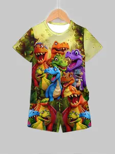 Boys Colorful Dinosaur Print Set, Clothes Kids, Casual Adventure Style Short Sleeve Shorts, Fitted Natural Waist Tee, Asymmetrical Design