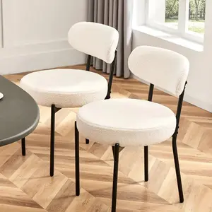Set of 2 Dining Chairs Boucle Upholstered Kitchen Chairs with Curved Backrest & Metal Legs-Mid Century Modern Round Dining Room Chairs