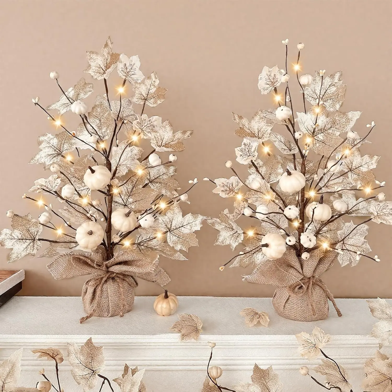 Timer - Fall Decor 2 Pack 18 Inch Lighted Fall Maples Tree, Fall Decorations for Home with White Pumpkins Berries 40 LED Battery Operated Thanksgiving Decoration for Autumn Indoor Table Fireplace