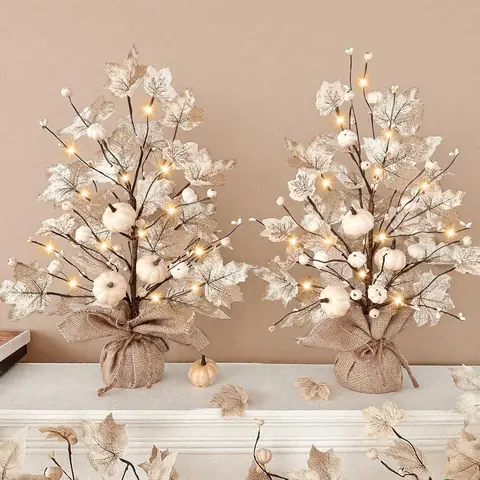 TURNMEON 2-Pack 18 inch Rustic Plastic Wood Lighted Fall Maple Trees - Battery-Powered Decorations and Ornaments with 40 LED Lights, Timer, White Pumpkins, Berries, for Thanksgiving Party Table Decor, Restaurants, Home Use