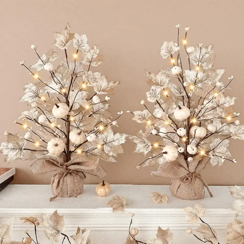 TURNMEON 2-Pack 18 inch Rustic Plastic Wood Lighted Fall Maple Trees - Battery-Powered Decorations and Ornaments with 40 LED Lights, Timer, White Pumpkins, Berries, for Thanksgiving Party Table Decor, Restaurants, Home Use