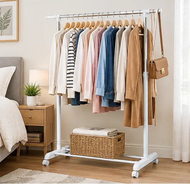 Chrome & White Rolling Clothes Rack, Adjustable Metal Garment Rack with Wheels for Bedroom or Laundry Room