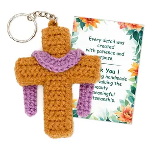 Cute Pink Macrame Cross Keychain Handmade Woven Faith Cross Pendant Key Ring Boho Christian Bag Pendant Backpack Charm for Women Religious Gift for Church Friends