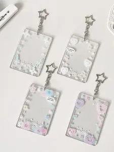 Girl Colorful Graffiti Heart Glitter Card Case, Id Card Holder, Kpop Transparent Photo ID Badge Stand, Cartoon Wings Phone Charm Keychain Decoration