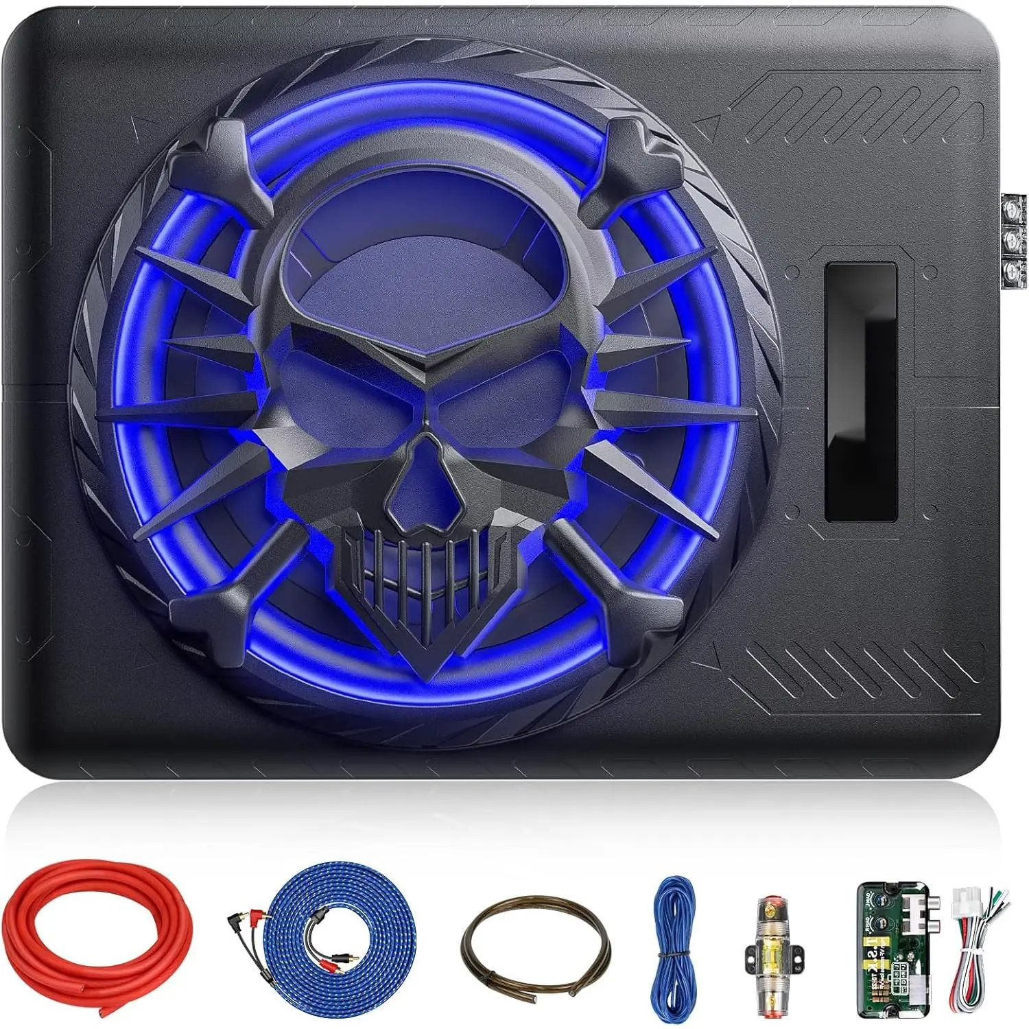 10-in Active Slim Under Seat Wired Car Subwoofer, 800W 12V Powered Subwoofer with Built-in Amplifier, High/Low-Level Input, Blue LED Ambient Light for Car/Truck Audio, 10 Inches, 10" Active Slim Under Seat Car Subwoofer