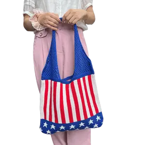 Viral American Flag Knit Tote Bag, Patriotic 4th of July Shoulder Purse, Casual Reusable Handbag for Beach and Everyday