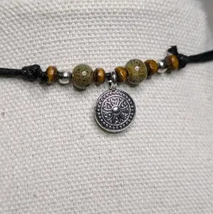 Celtic Heart Coin Silver Charm Ceramic Boho Hippie Whimsical Adjustable Black Rope Cord Choker Stacking Necklace jewelry