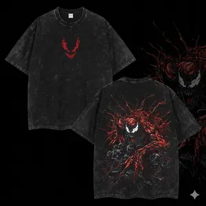 Superstyle Maximum Absolute Carnage Symbiote Supervillain Edition Double Printed Oversize Lightweight Acid Washed Tee TV Series Graphic Design Top Cotton Streetwear Comic Superheroes T-Shirt Clothes Menswear Womenswear Apparel Classic Seamless