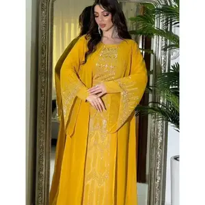 Eid Muslim Party Dress for Women Fake 2 Piece Diamond Ramadan Abaya Belt Flare Sleeve Kaftan Vestidos Largos Dubai Robe Jalabiya