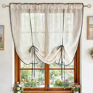 1 PC Beige Striped Balloon Curtain Shade Tie Up Sheer Curtain Linen Valance for Kitchen Farmhouse Vintage Adjustable Balloon Light Filtering Short Cafe Curtains with Black Trim for Small Windows Rod Pocket Top