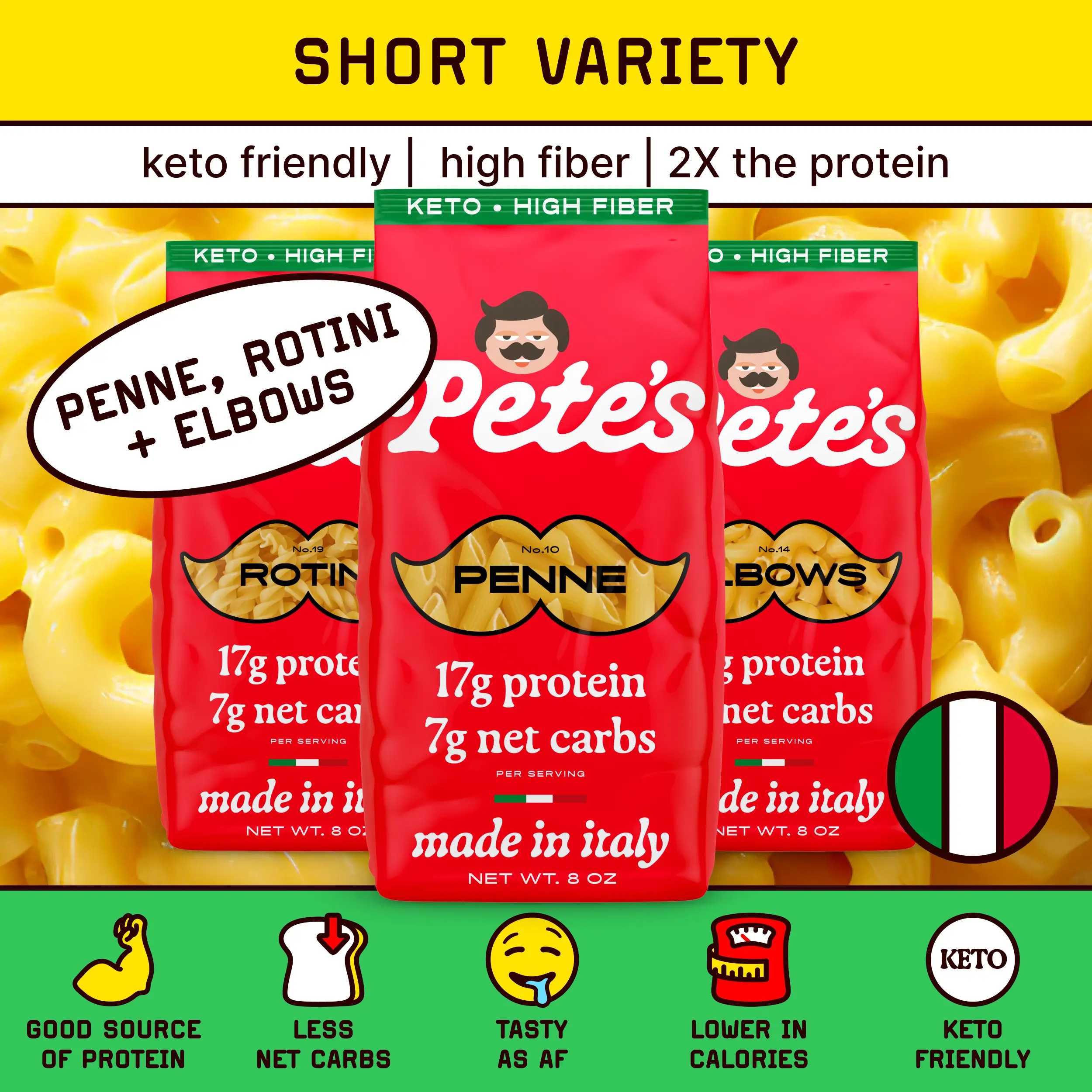 Short Variety Pack – Penne, Rotini & Elbow Macaroni – Protein-Packed, Less Carbs | Pete’s Protein Pasta