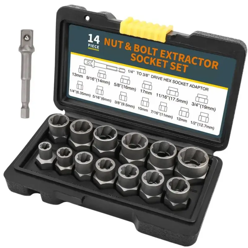 14-Counts Bolt Extractor Tool Set, Impact Universal Hex-Shank Accessory for Removing Damaged, Frozen Rounded Lug Nuts