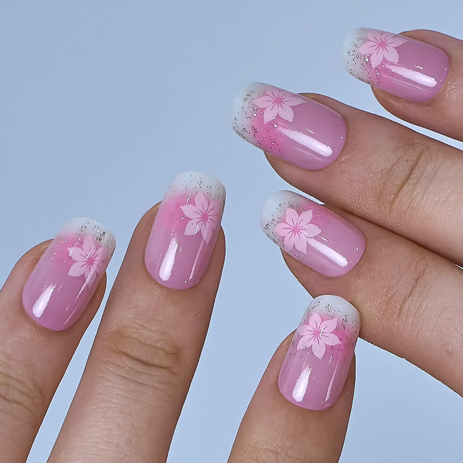Pink Floral Press On Nails | CurvLife Nail | 30Pcs Short Square Fake Nails | Glitter Gradient Flower Design | Easy Apply, Comfortable & Natural | Daily, Party & Elegant Nail Art