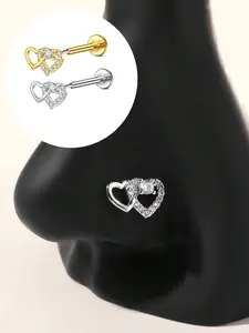 Stainless Steel Heart Nose Ring, Septum Piercing, Cubic Zirconia Push-In Stud, Women's Piercing Jewelry, 16g/20g 6mm/8mm, for Soft Cartilage & Earlobes