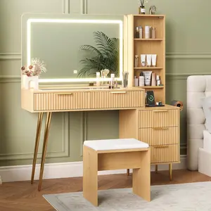 48" Makeup Vanity Desk with Mirror and Lights, Fluted Wooden Dressing Table with 4 Drawers & Charging Station, Makeup Vanity Set for Bedroom, Black