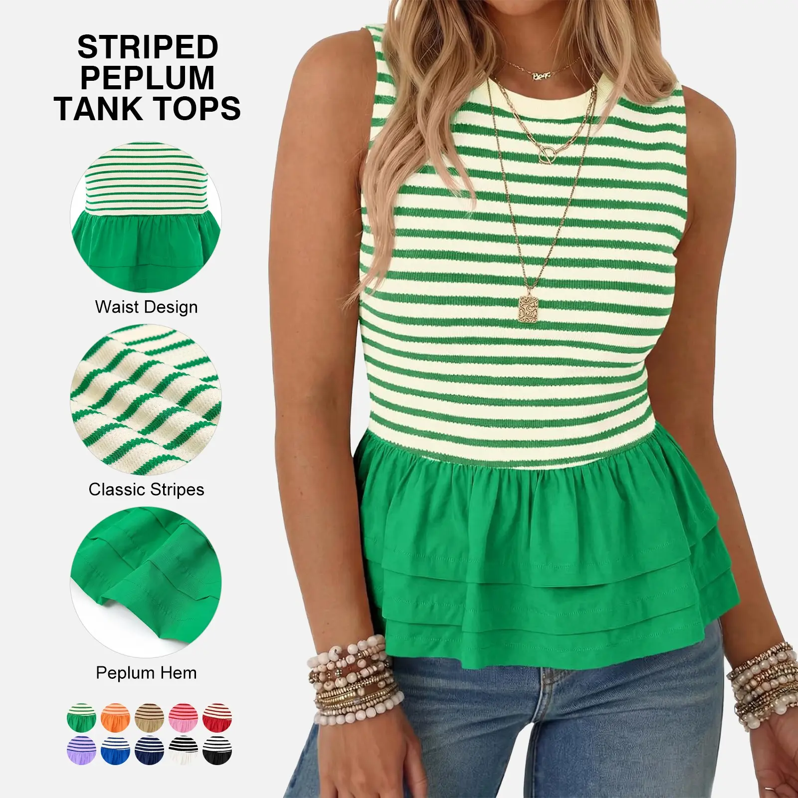 Tankaneo Womens Summer Striped Peplum Tank Tops Casual Crew Neck Sleeveless Shirts Color Block Loose Fit Ruffle Blouse