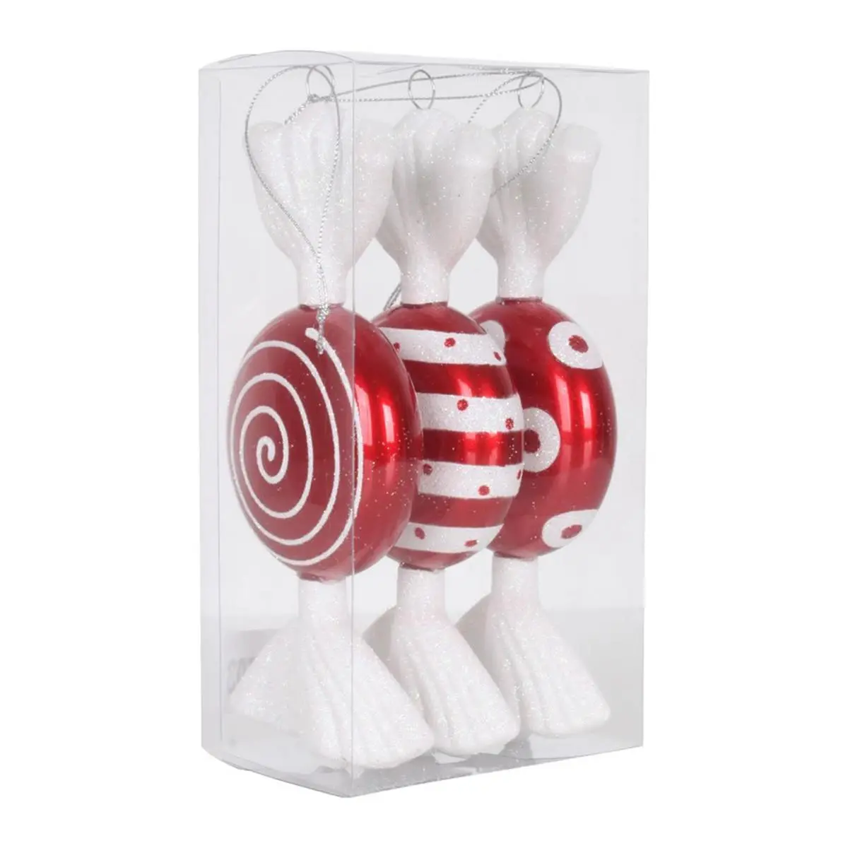 212 MAIN 7 in. Plastic Red & White Flat Candy-Look Glitter Finish Christmas Decoration Ornaments, 3-Piece Box, Glitter Finish Christmas Decor