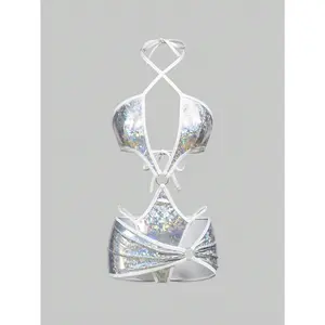 Women's Metallic Lingerie Y2k Halter Teddy Bodysuit with Skirt 2 Piece Nightwear Boudoir Outfit