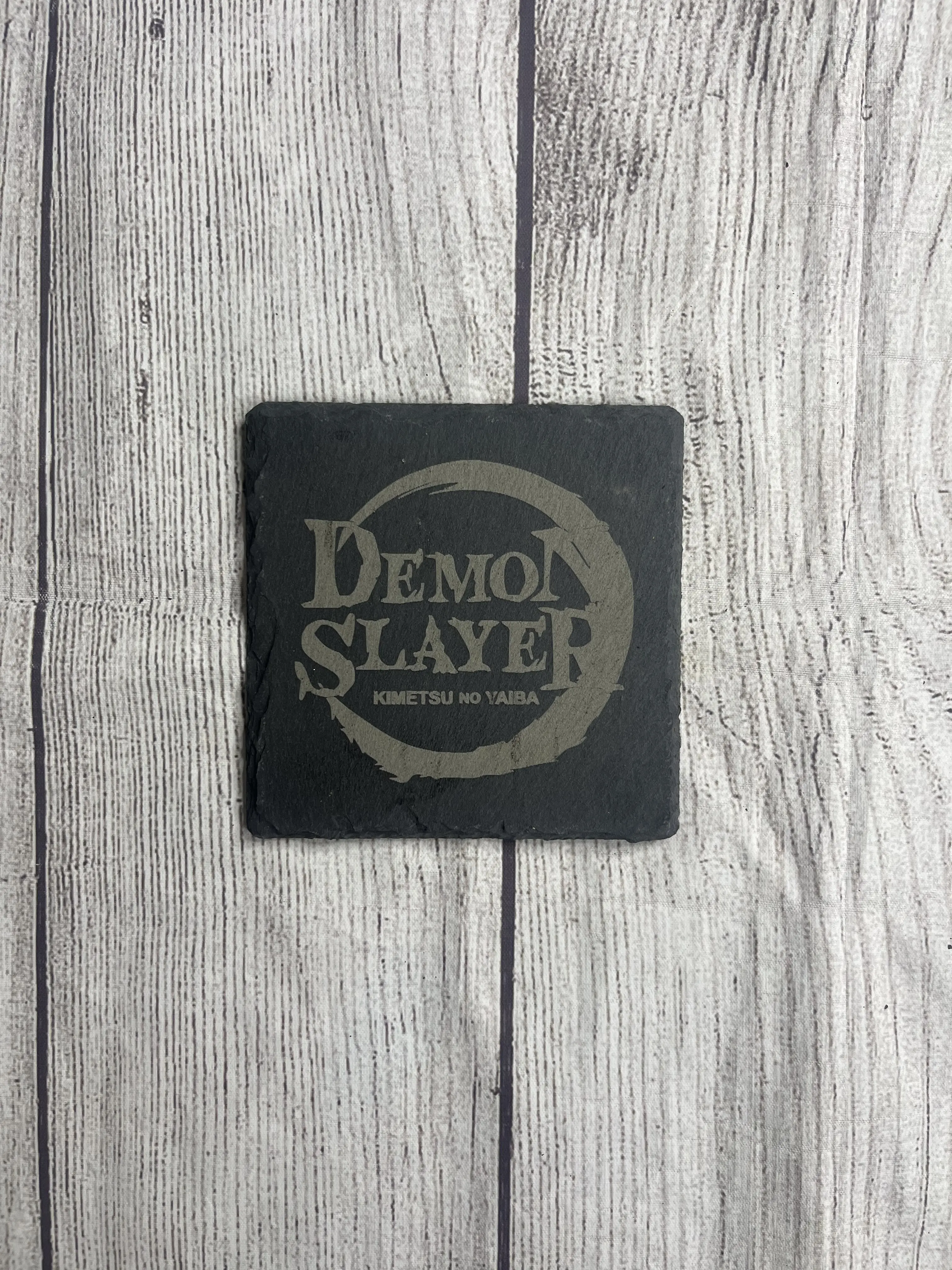 Demon Slayer Designs Engraved Natural Slate Coaster Set - 4x4 in Square Shape, Unique Art Kitchen Tableware, Fits Most Cups Mugs & Glasses for Dining Table Decor & Use