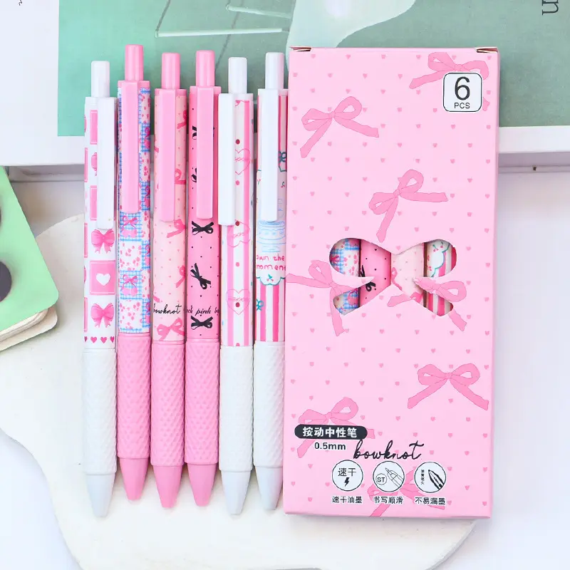 6pcs Retractable Bow Gel Pens, 0.5mm Fine Tip, Ink, Comfortable Grip, Quick Dry, Smooth Writing, Ideal for Notes, Office, School Supplies, Multi Purpose Pens, Gift Pen, Cute Retractable Pen, Aesthetic Pens, College Student Pen, Note Taking Pens