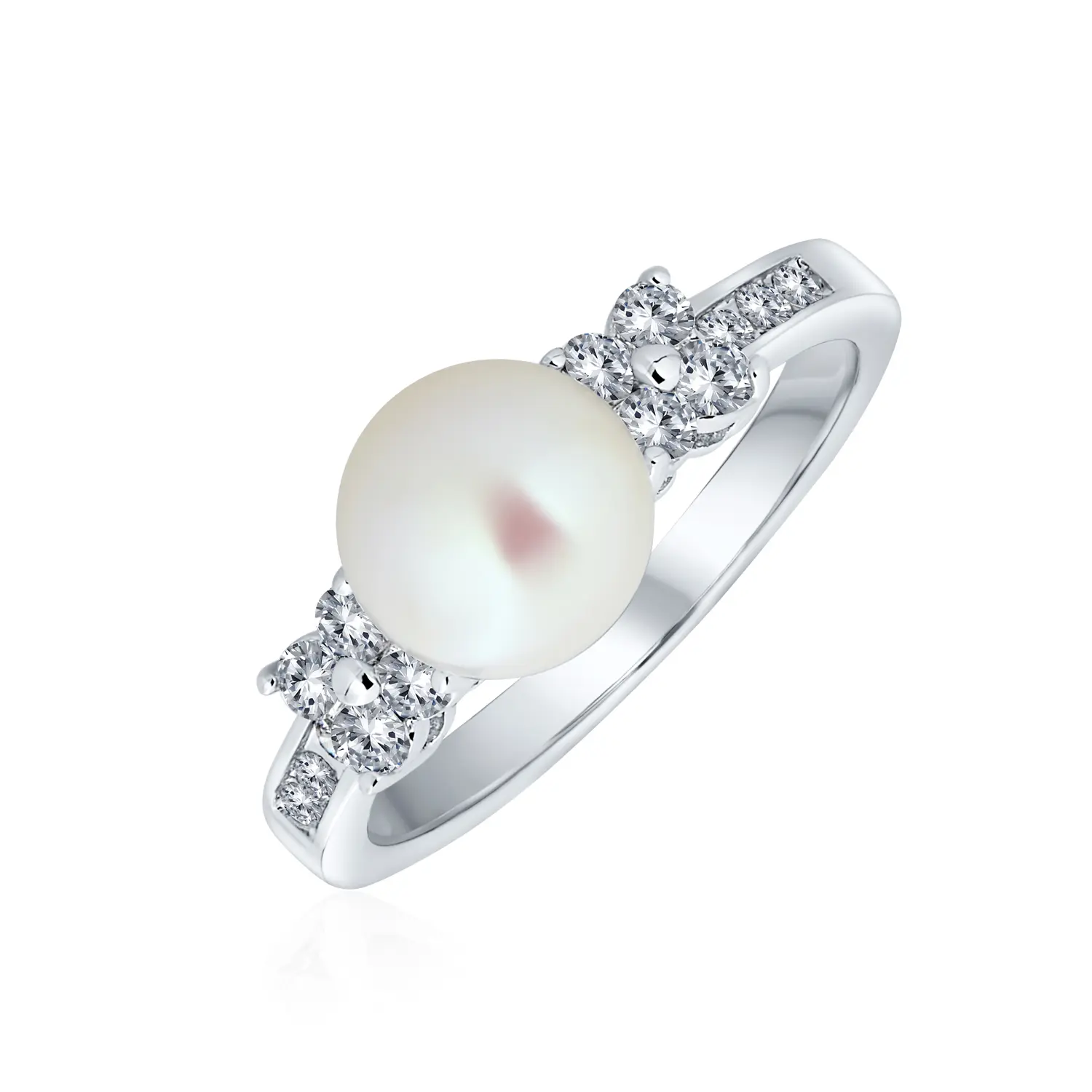 Traditional 8MM White Cultured Pearl Solitaire Ring Pave CZ Side Stones Band Engagement Ring Set Wedding Promise Rings