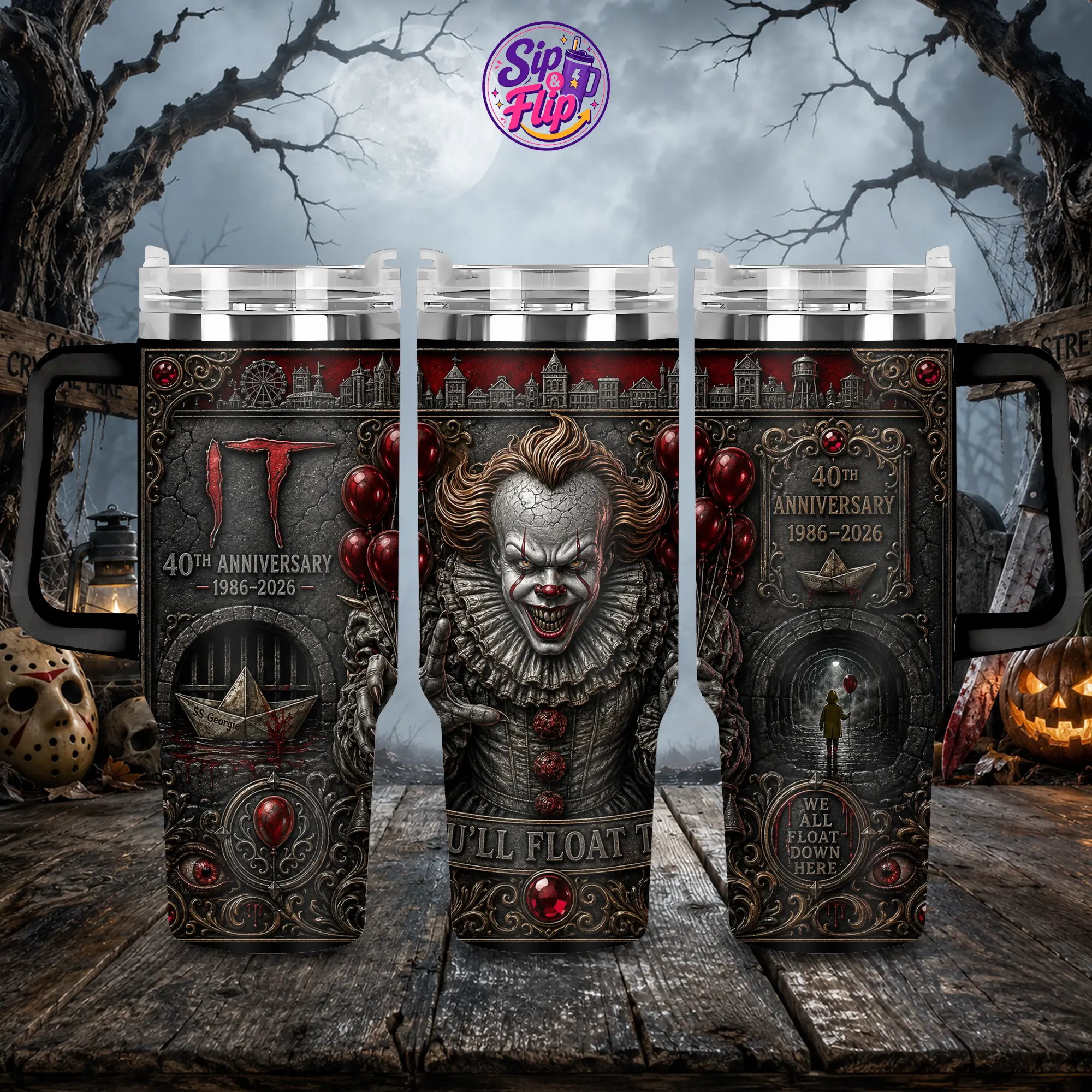 Pennywise IT 40oz Tumbler with Handle & Straw, Stephen King Horror Movie Insulated Travel Cup, Dancing Clown Scary Halloween Mug, Classic IT Movie Fan Gift, Creepy Gothic Spooky Season Drinkware