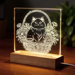 Cute Cat Night Light - 3D Acrylic Lamp with Floral Basket Design, Soft Warm Glow for Kids Room, Bedside Decor, Healing Gift Idea