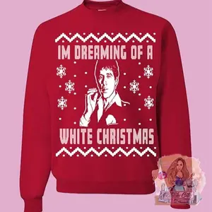Scarface White Christmas Black or Red Sweatshirt Crew Neck - Lightweight Holiday Sweater with Classic Crew Neck Design for Men Long Sleeve Casual