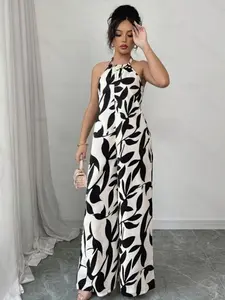 A ladies' elegant and fashionable plant printed hanging neck, backless, Sleeveless Halter Neck Jumpsuit, suitable for summer wear, beach vacations, daily casual wear, and outdoor activities Womenswear